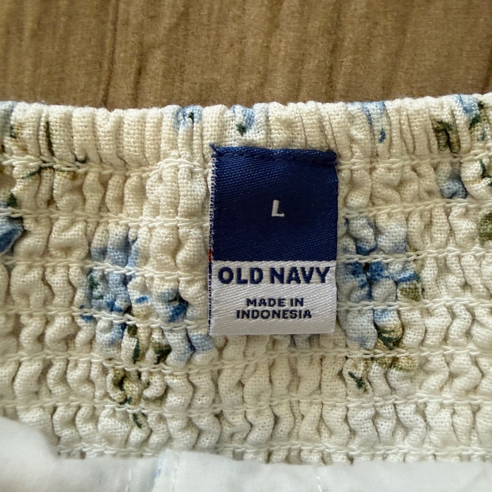 Old Navy Floral Puff Sleeve Button Up Mini Dress White Blue Square Neck Smocked - Picture 11 of 12